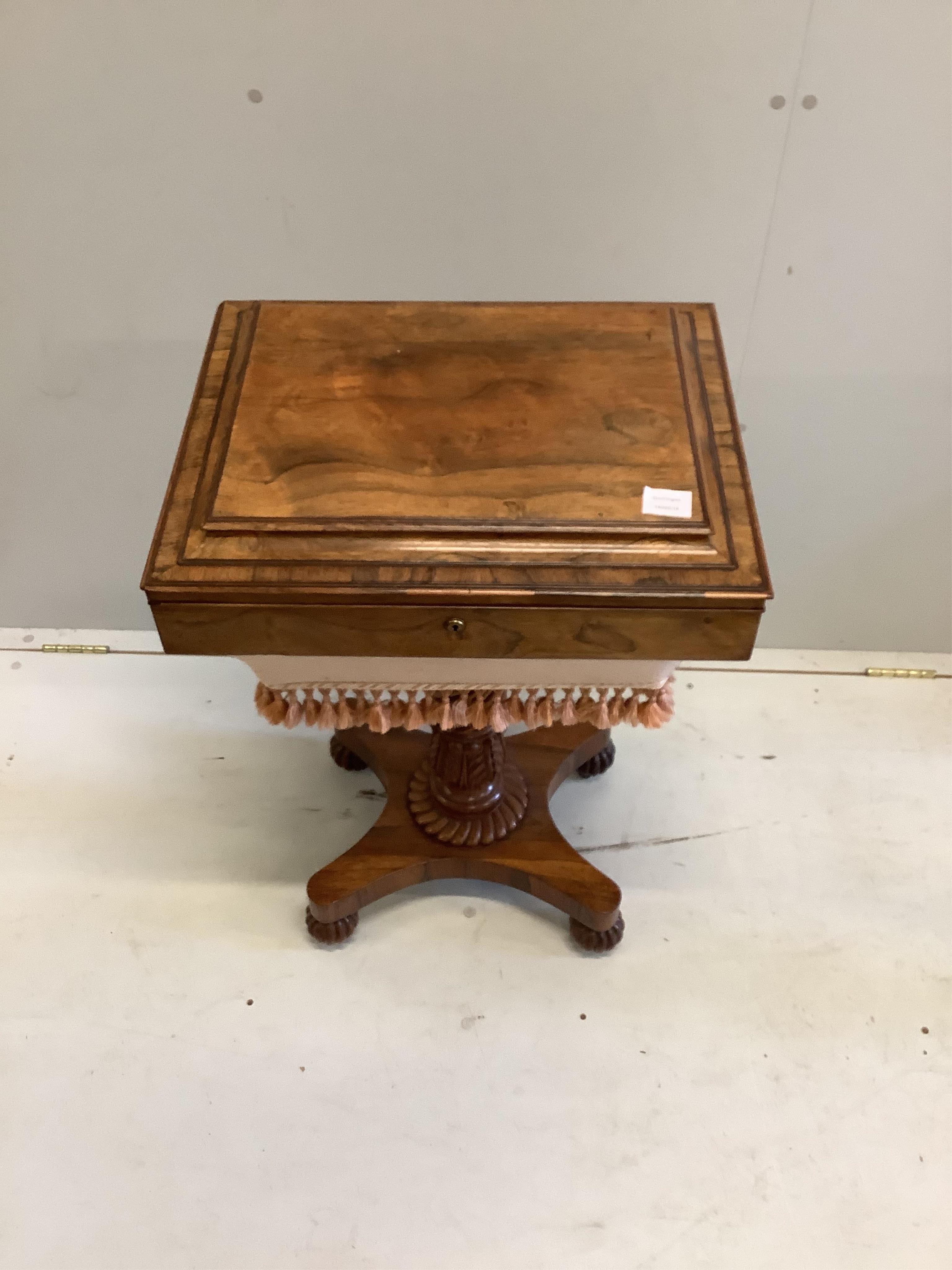 A William IV rosewood work table, width 53cm, depth 43cm, height 80cm. Condition - good